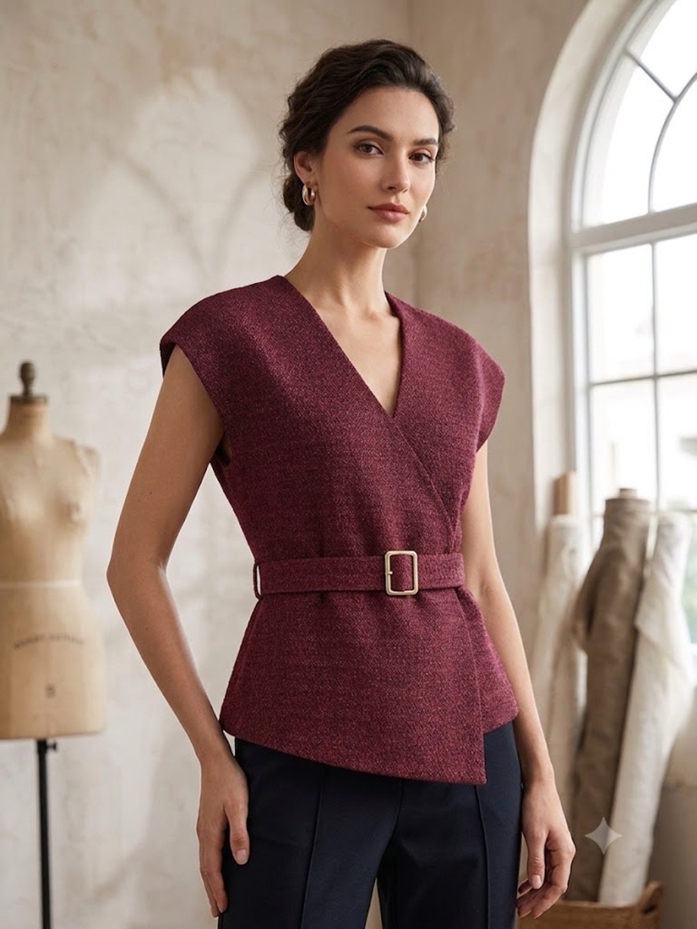 Commense Belted Asymmetric Cap Sleeve V-Neck Vest